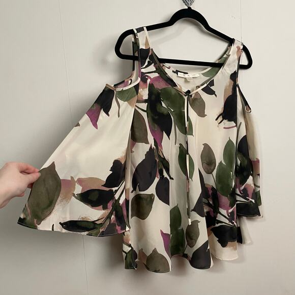 Boston Proper XS flare long sleeve floral cream green bohemian blouse top work - Picture 1 of 8